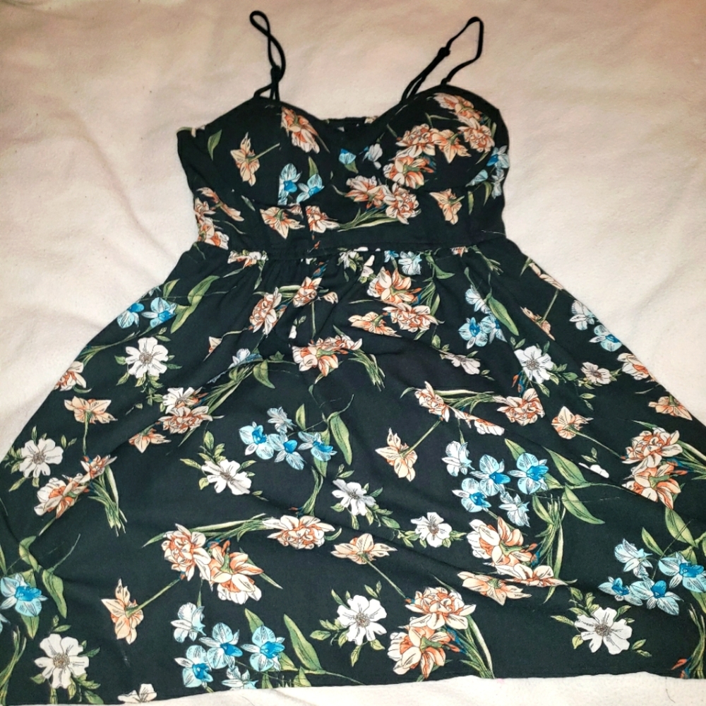 Padded black floral sundress with pockets